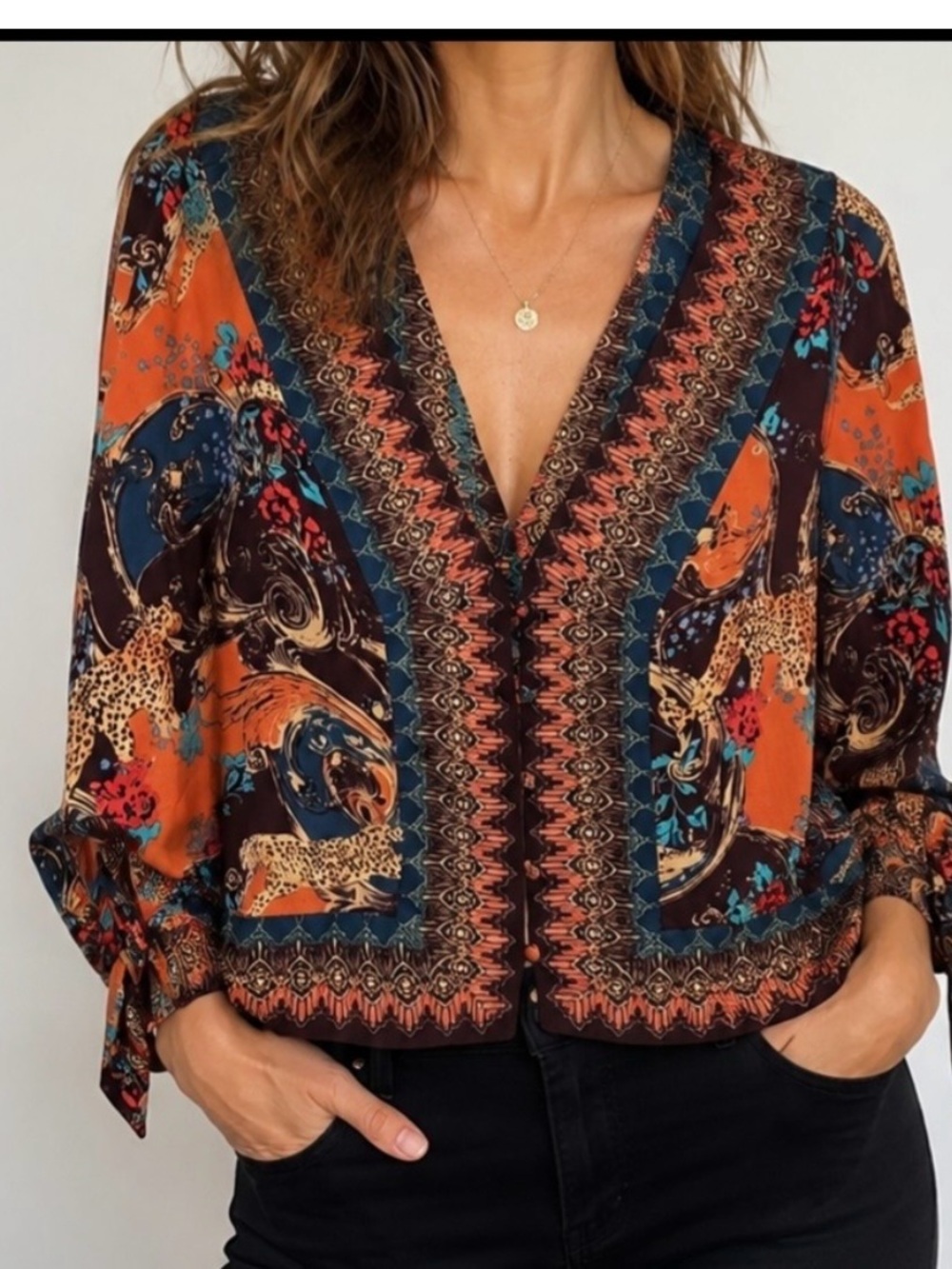Free People V-Neck Boho Printed Blouse Orange & Teal catch me if you can top